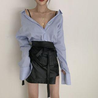 Long-sleeve Striped Shirt / Asymmetric Faux Leather Mini Skirt