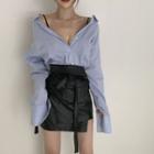 Long-sleeve Striped Shirt / Asymmetric Faux Leather Mini Skirt