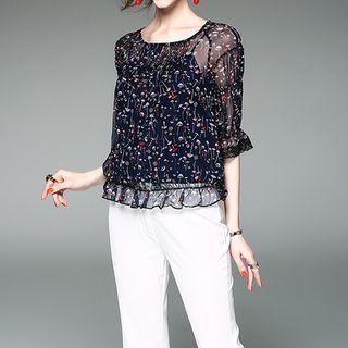 Pintuck Floral Print Bell-sleeve Top