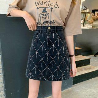 Rhinestone Mini A-line Denim Skirt