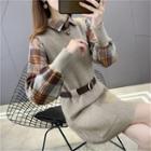 Plaid Shirt / Knit Mini Overall Dress / Belt / Set