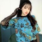 Set: Loose-fit Short Sleeve Printed T-shirt + Long-sleeve Mesh Top