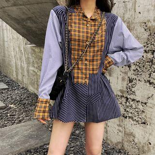 Long-sleeve Asymmetric Plaid Striped Shirt