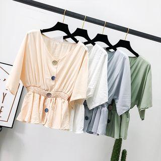 Gather-waist V-neck Shirt