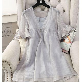 Set: Plain Short-sleeve Dress + Spaghetti Strap Dress