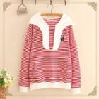 Cat Embroidery Striped Knit Hoodie