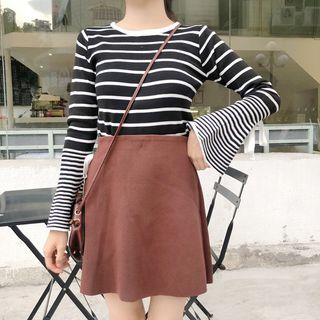 Bell Long Sleeve Striped Top / Lace-up A-line Skirt