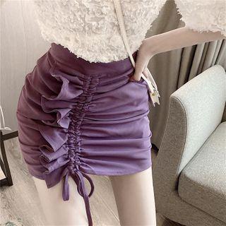 Elbow-sleeve Ruffle Blouse / Drawstring Mini Fitted Skirt