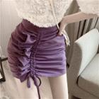 Elbow-sleeve Ruffle Blouse / Drawstring Mini Fitted Skirt