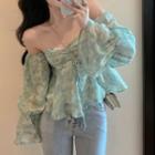 Long-sleeve Off-shoulder Floral Ruched Chiffon Top
