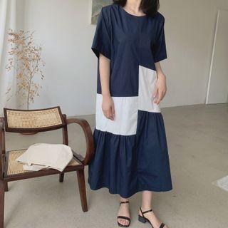 Short-sleeve Two-tone Midi Smock Dress Blue - One Size
