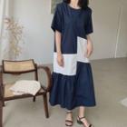 Short-sleeve Two-tone Midi Smock Dress Blue - One Size