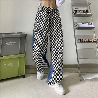 Checker Print Patched Wide Leg Jeans