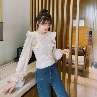 Long-sleeve Ruffle Trim Ribbed Knit Top
