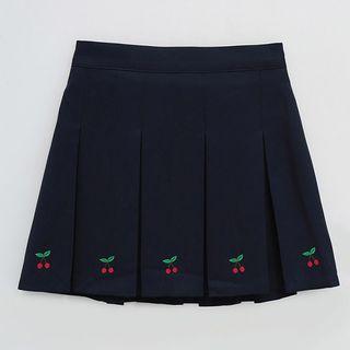 Cherry Embroidered Pleated Mini Skirt