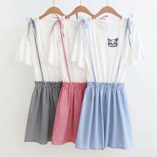 Mock Two-piece Short-sleeve Cat Applique A-line Dress
