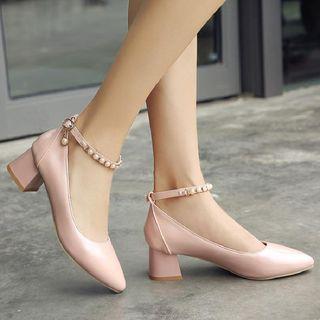 Faux Pearl Ankle Strap Patent Pumps