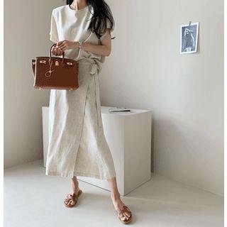 Set: Zip-back Linen Blend Top + Tie-waist Skirt