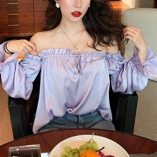 Plain Off-shoulder Ruffled Trim Long-sleeve Blouse Purple - One Size