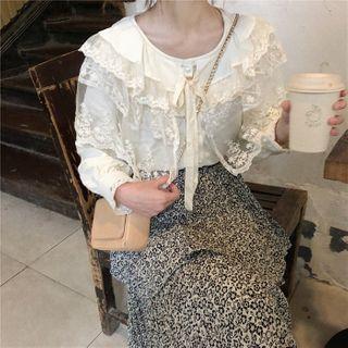 Long-sleeve Lace Ruffle Shirt / Floral Print Midi Tiered Skirt