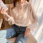 Long Sleeve Frill Trim Lace-up Blouse