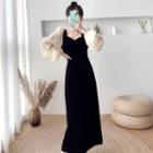 Puff-sleeve Square-neck Midi A-line Velvet Dress