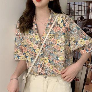 Short-sleeve Floral Chiffon Shirt Yellow & Blue - One Size