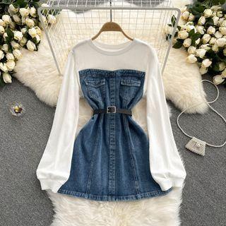 Mock Two-piece Sweatshirt Panel Denim Dress