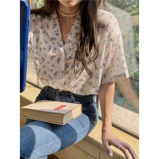 Short-sleeve Floral Printed Shirt Blue - One Size