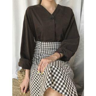 V-neck One-button Blouse