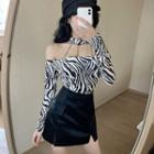 Long-sleeve Off-shoulder Zebra Print Top / Faux Leather Mini Fitted Skirt