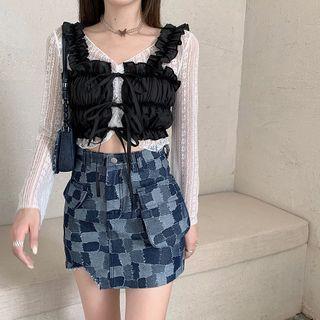 Long-sleeve Lace Cropped Top / Ruffle Lace-up Cropped Camisole Top