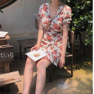 Floral V-neck Drawstring A-line Dress