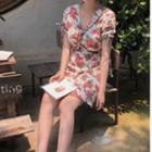 Floral V-neck Drawstring A-line Dress