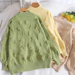 Mock Neck Fringed Long-sleeve Sweater