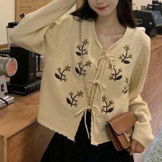 Set: Knit Camisole Top + Flower Embroidered Cardigan