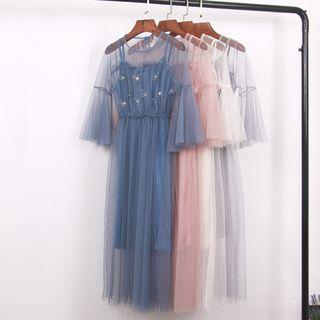 Set: Slipdress + Elbow-sleeve Sheer Midi Dress