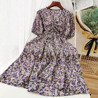Floral Print V-neck Drawstring Maxi Dress