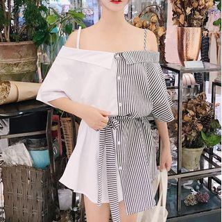 Elbow-sleeve Two-tone Shirt Dress