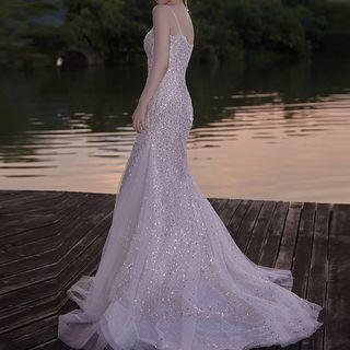 Spaghetti Strap Sequined Bodycon Wedding Gown