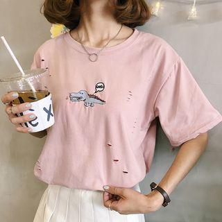 Print Distressed Short-sleeve Top