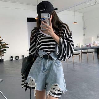 Long-sleeve Striped T-shirt / Distressed Denim Shorts