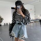 Long-sleeve Striped T-shirt / Distressed Denim Shorts