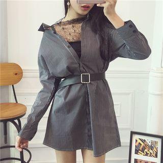 Set: Lace Top + Pinstripe Long-sleeve Shirtdress