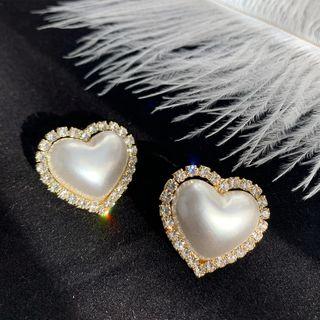 Heart Faux Pearl Stud Earring 1 Pair - As Shown In Figure - One Size