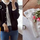 Round-neck Ribbed Cardigan With Brooch