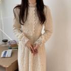 Long-sleeve Ruffle Trim Lace Dress Almond - One Size