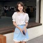 Puff-sleeve Collared Blouse / Mini A-line Skirt
