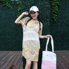 Set: Floral Print Short Sleeve T-shirt Dress + Open Knit Tank Top
