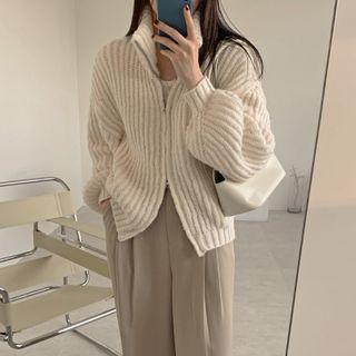 Turtle-neck Zip-up Wool Blend Cardigan